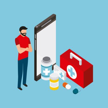 dijital sağlık smartphone hasta ilk yardım çantası ve ilaç illüstrasyon vektör