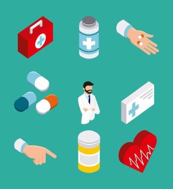 Sağlık Doktor kalp hayat darbe hapları stetoskop şişe vektör çizim