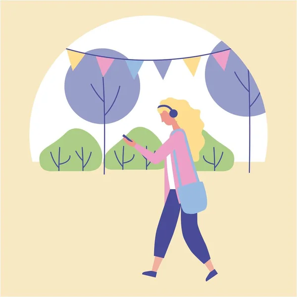 Outdoor Activiteiten Blond Meisje Lopen Luister Muziek Het Park Vectorillustratie — Stockvector