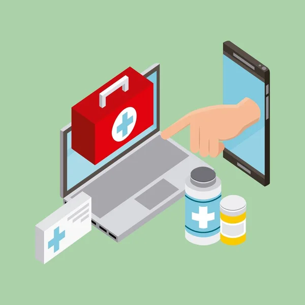 Salud Digital Smartphone Ordenador Pantalla Primeros Auxilios Kit Medicamentos Vector — Archivo Imágenes Vectoriales