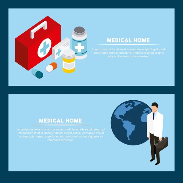 Sinais Banners Saúde Medicamentos Kit Primeiros Socorros Médico Segurando Portfólio —  Vetores de Stock