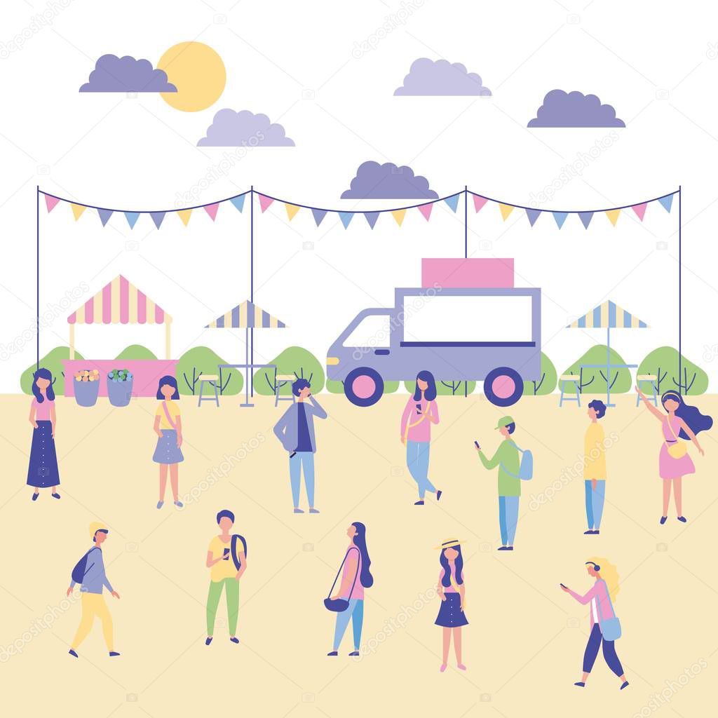 outdoor activities people enjoy in the park food car place to eat vector illustration