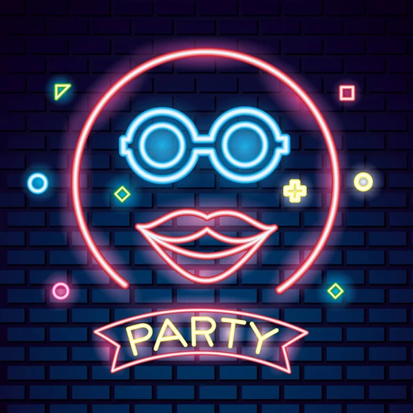 Party Mask Night Glasses Mouth Neon Circle Symbols Background Vector — Stock Vector