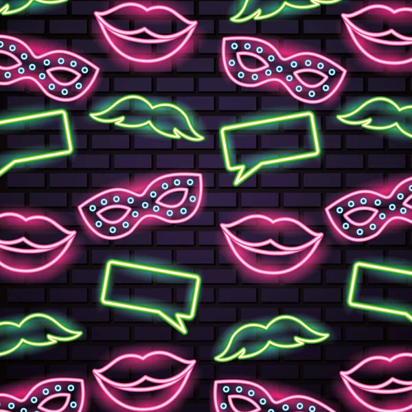 Festa Máscara Noite Montagens Neon Bolhas Bigodes Fundo Vetor Ilustração — Vetor de Stock