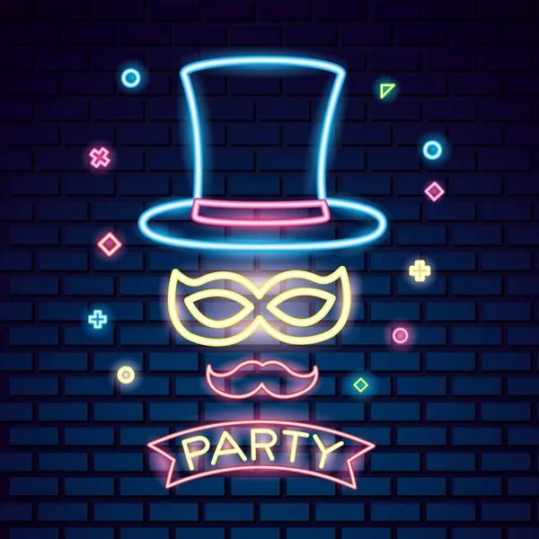 Party Mask Natt Traditionella Hat Filt Mustasch Neon Symboler Vektor — Stock vektor