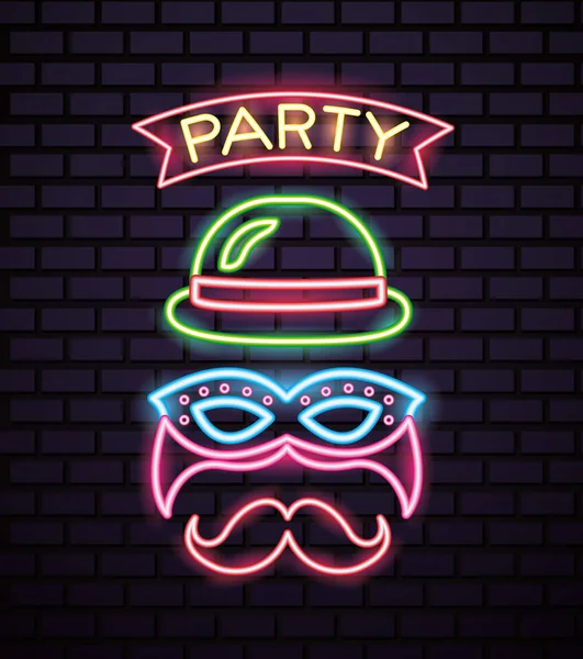 Partij Masker Nacht Deken Moustache Neon Hoed Vectorillustratie — Stockvector