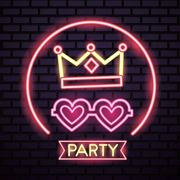 Party Mask Night Circle Crown Queen Heart Glasses Neon Vector — Stock Vector