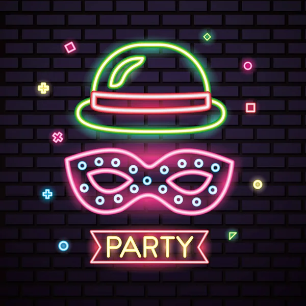 Party Mask Night Pink Blanket Mistery Hat Neon Symbols Vector — Stock Vector