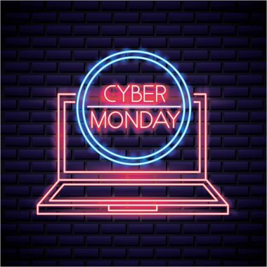 Cyber Pazartesi shop neon bilgisayar ekran daire kayıt illüstrasyon vektör