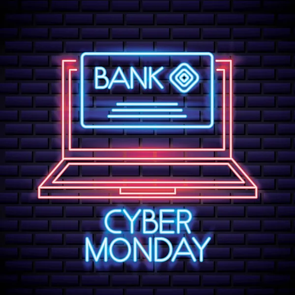 Cyber Δευτέρα Υπολογιστή Οθόνη Νέον Πιστωτικής Κάρτας Τράπεζα Διανυσματικά Εικονογράφηση — Διανυσματικό Αρχείο