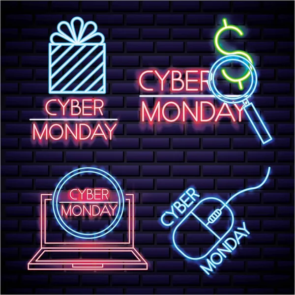 Cyber Lunes Neón Lupa Regalo Caja Computadora Signo Vector Ilustración — Vector de stock