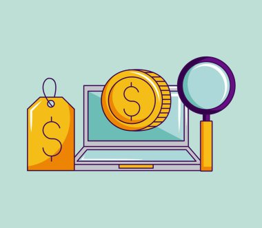 Cyber Pazartesi bilet dolar işareti bilgisayar işareti vektör çizim sikke