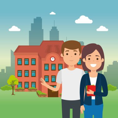 genç öğrencilerle birlikte okul cephe sahne