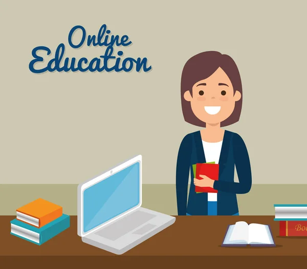 Insegnante donna con laptop online educazione — Vettoriale Stock