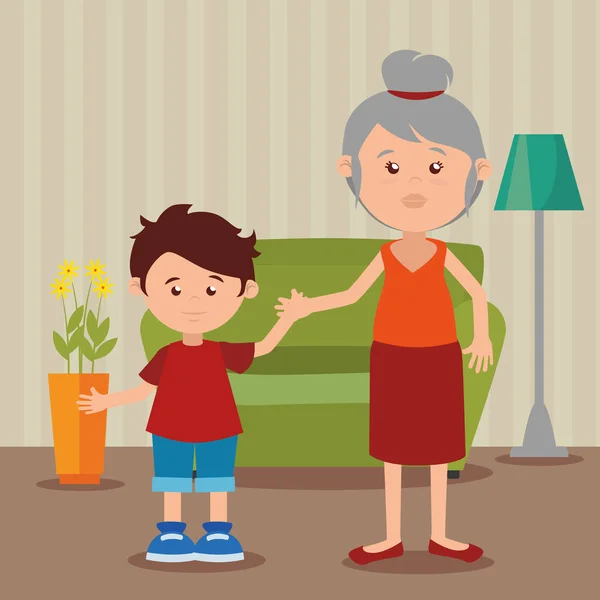 Nonna con nipote in salotto — Vettoriale Stock