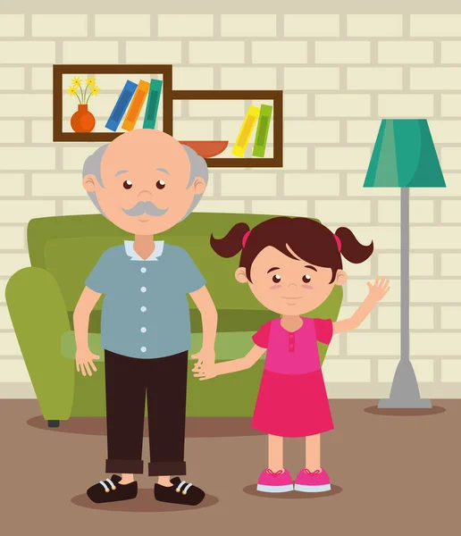Grand-père avec petite-fille dans le salon — Image vectorielle