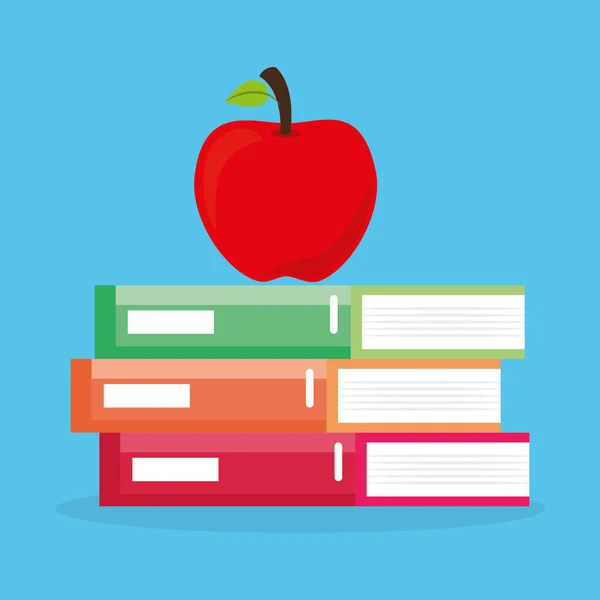 Libros de pila con manzana — Vector de stock