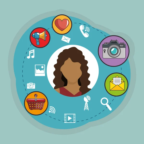 Young woman with social media marketing icons — Stock Vector