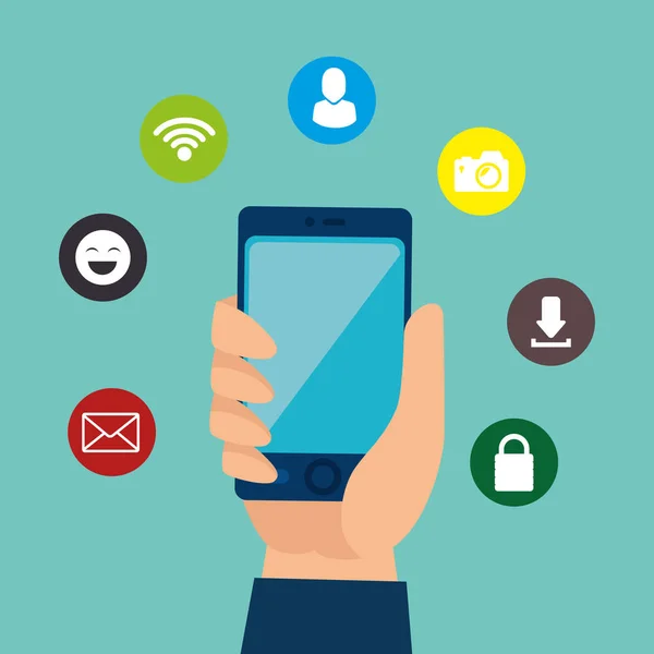 Smartphone con icone di social media marketing — Vettoriale Stock