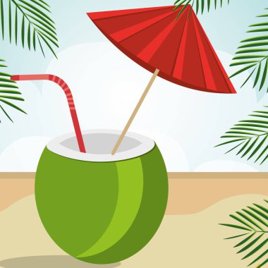 Hindistan cevizi kokteyl sahne ile plaj manzara