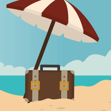 Plaj, yatay, şemsiye ve bavul