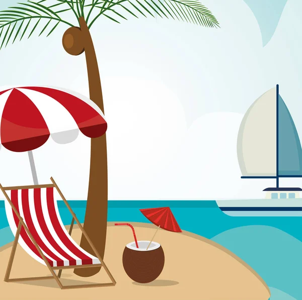Beach landscape with chair and umbrella scene — Stock Vector