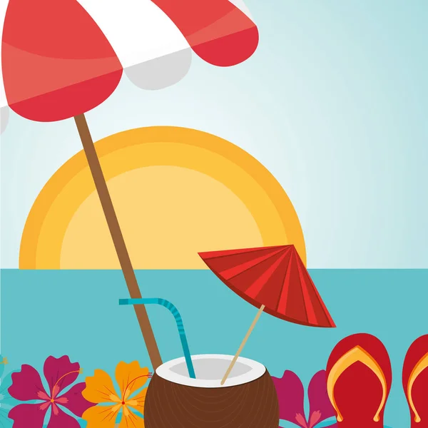 Paisagem de praia com coquetel de coco cena — Vetor de Stock