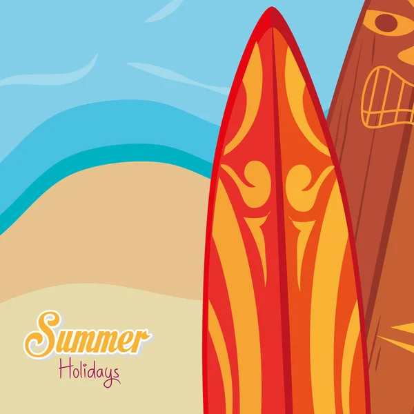 Paisaje de playa con tablas de surf escena — Vector de stock