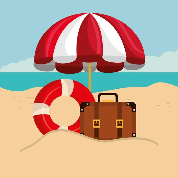 Plaży krajobraz z walizki i ikony — Wektor stockowy