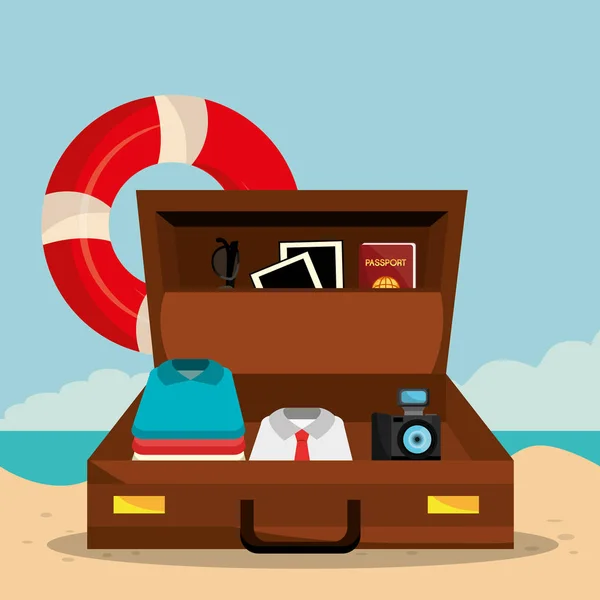Paisaje de playa con maleta e iconos establecidos — Vector de stock