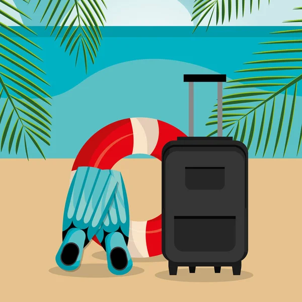Strandlandschaft mit Koffer und Set-Ikonen — Stockvektor