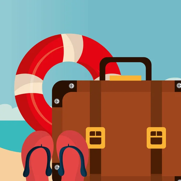 Paisaje de playa con maleta e iconos establecidos — Vector de stock