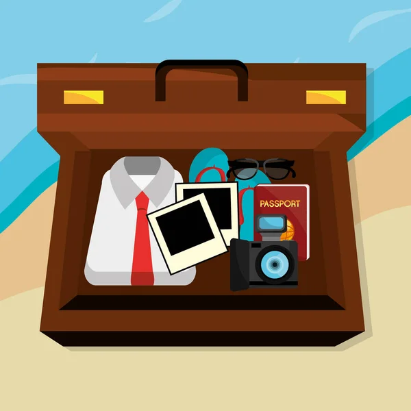 Paysage de plage avec valise et ensemble d'icônes — Image vectorielle