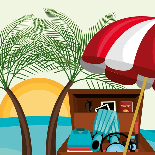 Paesaggio spiaggia con valigia e set icone — Vettoriale Stock