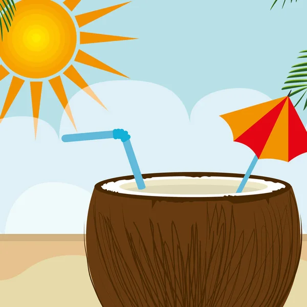 Paysage de plage avec cocktail de noix de coco — Image vectorielle