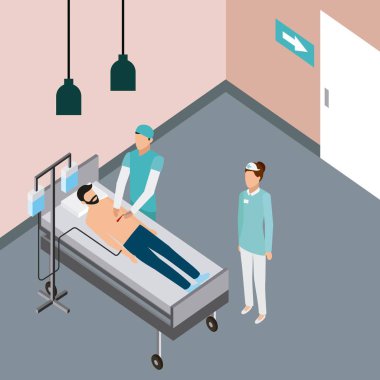 Tıbbi insanlar sağlık hemşire ve doktor olan erkek cheeking IV vektör çizim stand