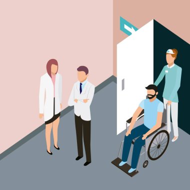 Tıbbi insanlar sağlık adam tekerlekli sandalyeye mahkum hemşire Doktor vektör çizim ile