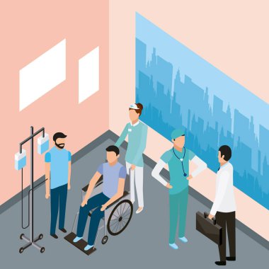 Tıbbi insanlar sağlık Oda hastalarda IV tekerlekli sandalye Doktor vektör çizim stand.