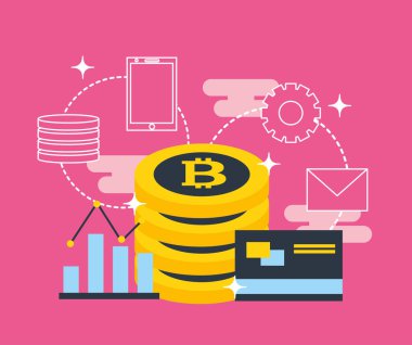 Fintech iş istatistikleri ilerleme paralar kredi kartı vektör çizim