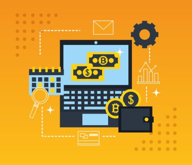 Fintech iş tekerlek cüzdan dolar bilgisayar vektör çizim paralar