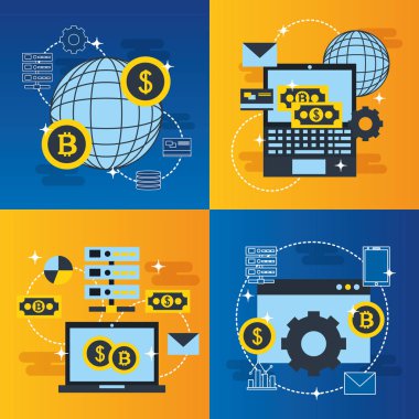 Fintech iş etiketleri paralar doları dünya bilgisayarları illüstrasyon vektör