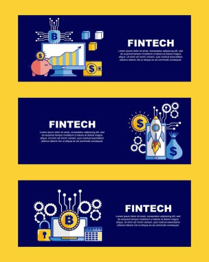 Fintech iş afiş kumbara bilgisayar roket vektör çizim