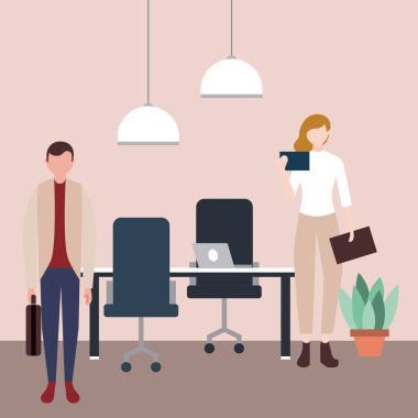 iş çalışma alanı kadın ofis ve vektör çizim çalışan adam