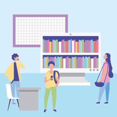 çalışma alanı kişi ofis telefon stand kitap vektör çizim kullanarak