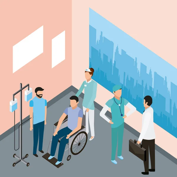 Ιατρικές Ανθρώπους Δωμάτιο Υγεία Ασθενών Σταθεί Αναπηρική Καρέκλα Γιατρός Εικονογράφηση — Διανυσματικό Αρχείο