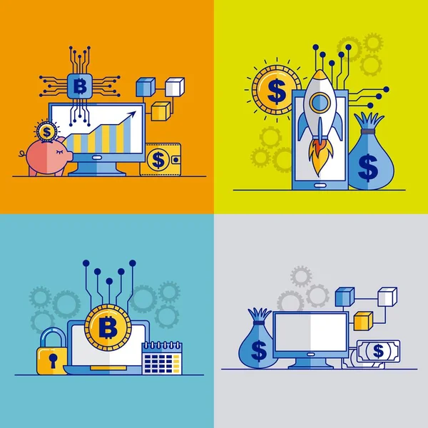 Fintech Negocio Conjunto Bitcoin Blockchain Dinero Bolsa Vector Ilustración — Vector de stock