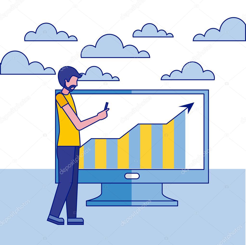 man with smartphone and computer statistics fintech business vector illustration