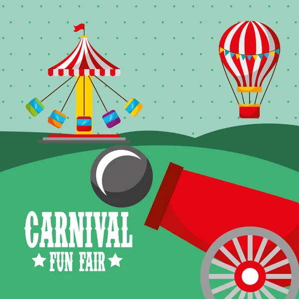 Kanon Varm Luft Ballong Och Carousel Carnival Fun Fair Vektorillustration — Stock vektor