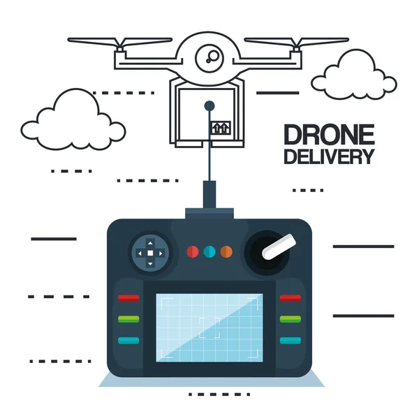 Moderna leverans av paketet genom att flyga drönare med kontroll — Stock vektor