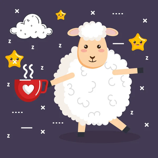 Dobrej nocy spać kreskówka owiec z filiżanki kawy — Wektor stockowy